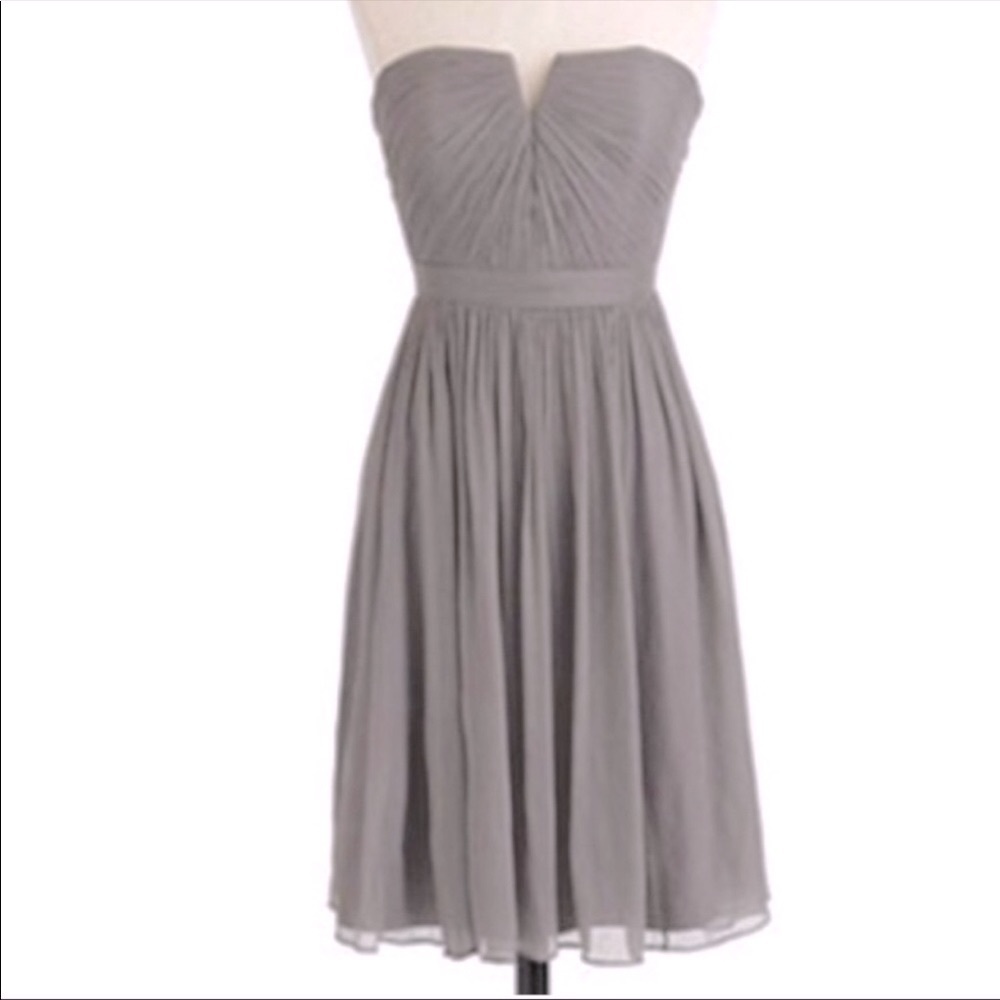 J Crew “Nadia” Strapless Gray Silk Chiffon Dress